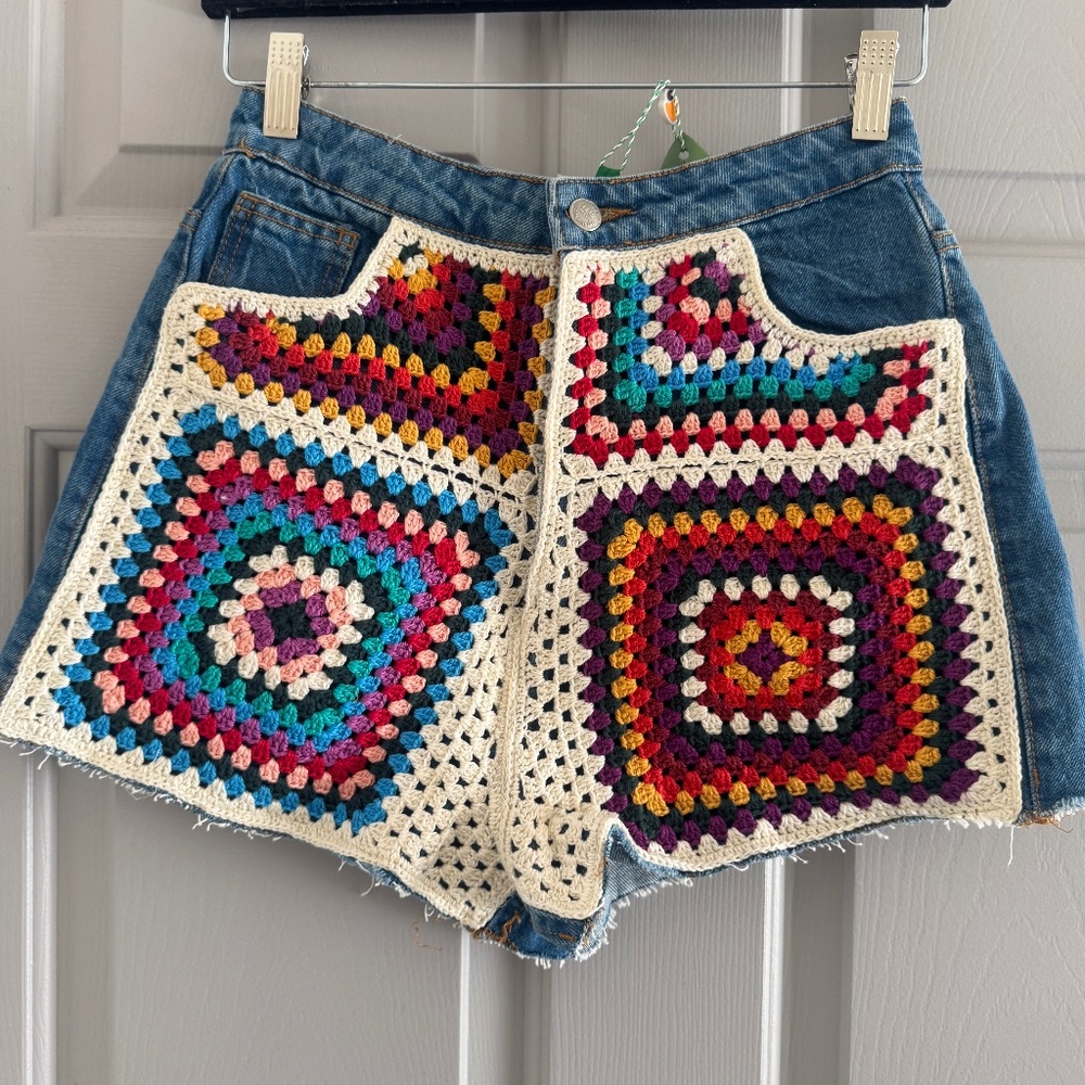 Farm Rio Multicolored Crochet Denim Shorts